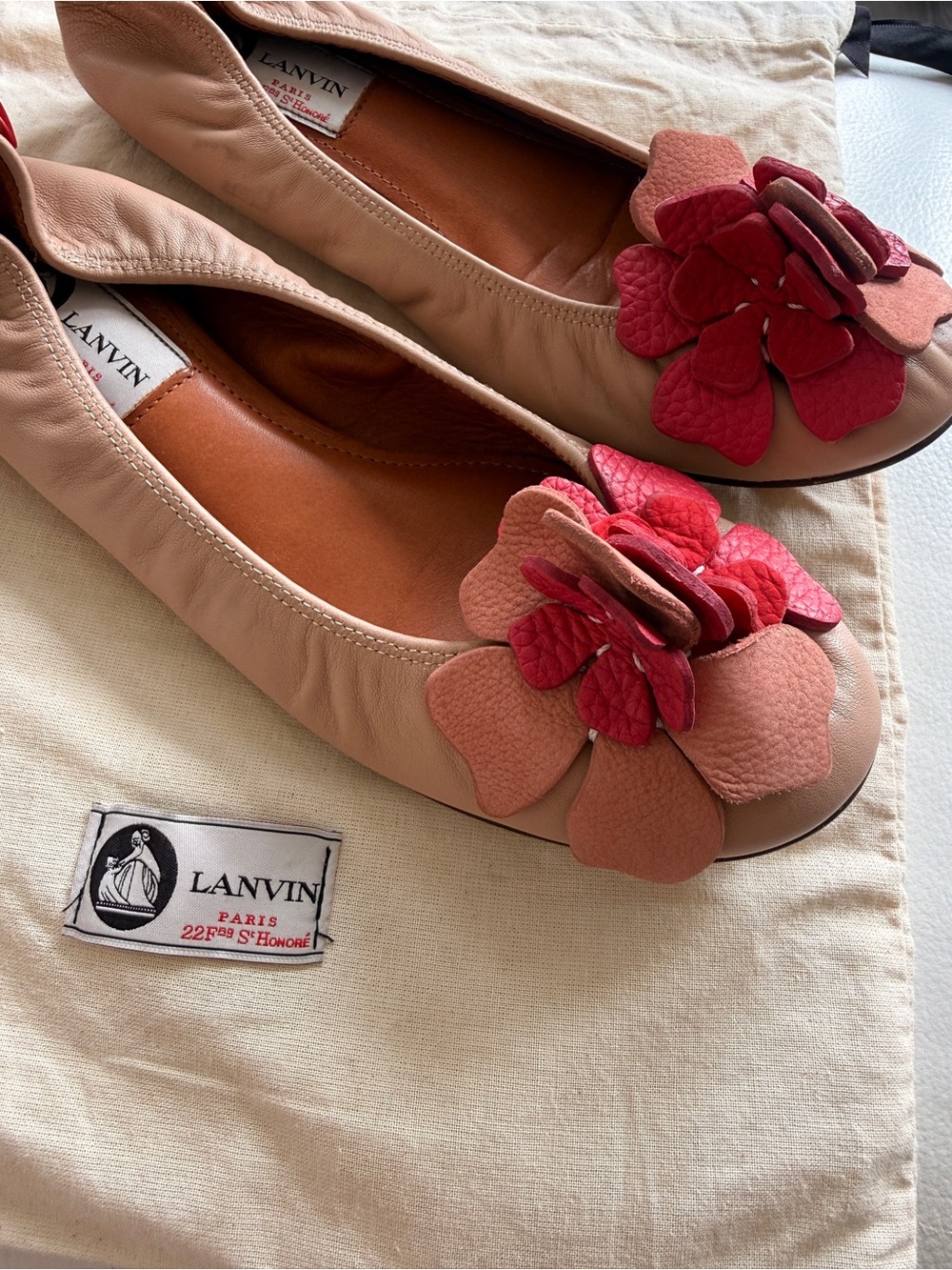 Lanvin Pink Leather Ballet Flats with Fuchsia Floral Appliqué